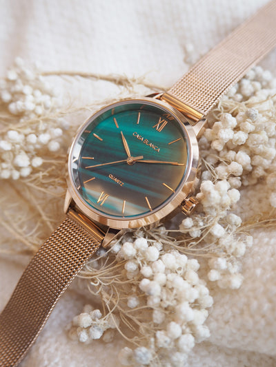 Classic Peacock Green Watch | Rose Gold Mesh Strap