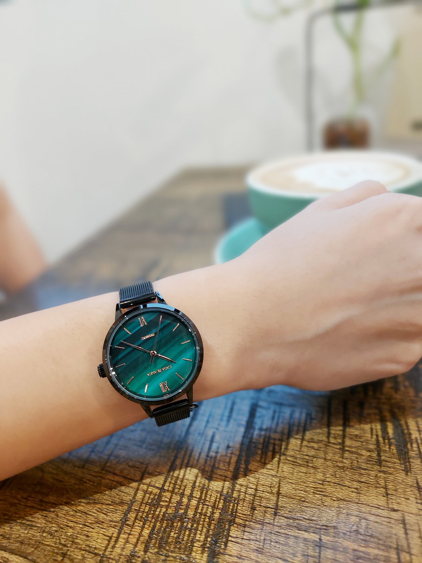 Model with Classic Peacock Green Black Strap Watch