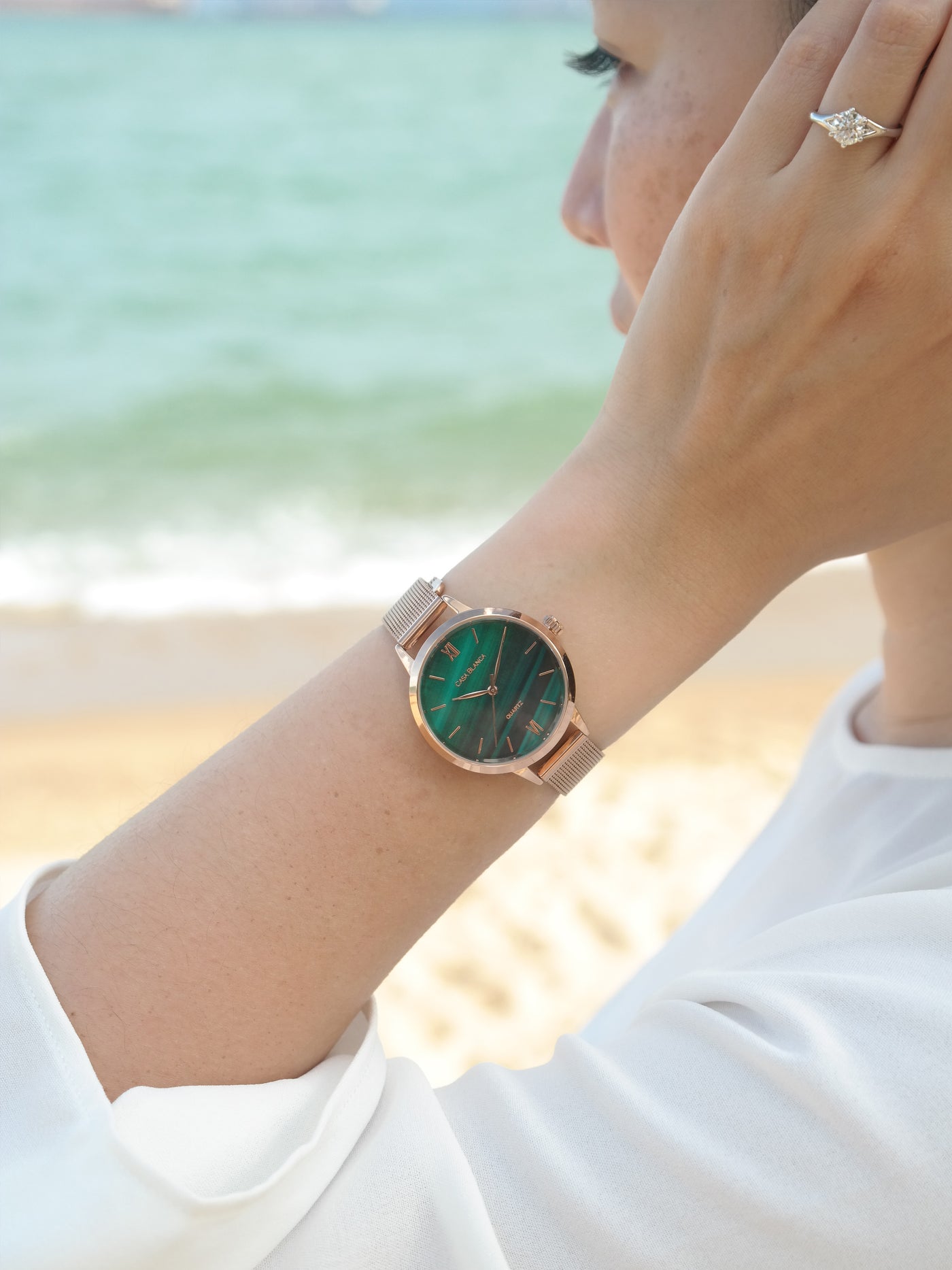 Model with Classic Peacock Green Rose Gold Strap Watch